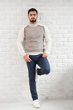 San&Fa Yarım Balıkçı Desenli Slimfit Yünlü Triko Kazak