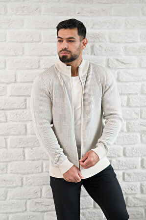 San&Fa Dik Yaka Çizgili Fermuarlı Regular Fit Yünlü Triko Hırka