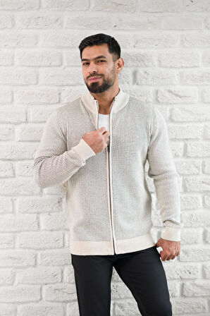 San&Fa Dik Yaka Çizgili Fermuarlı Regular Fit Yünlü Triko Hırka