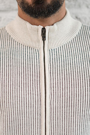 San&Fa Dik Yaka Çizgili Fermuarlı Regular Fit Yünlü Triko Hırka