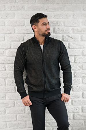 San&Fa Dik Yaka Çizgili Fermuarlı Regular Fit Yünlü Triko Hırka