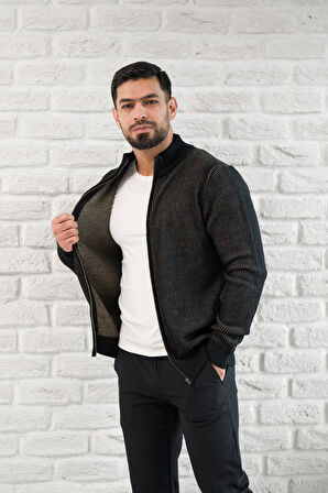 San&Fa Dik Yaka Çizgili Fermuarlı Regular Fit Yünlü Triko Hırka