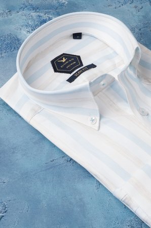 Slimfit Yaka Düğmeli %100 Pamuk Premium Serisi Çizgili Gömlek