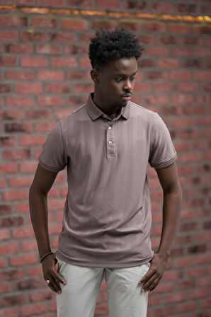 Regular Fit Likralı Kendinden Çizgili Polo Yaka T-Shirt