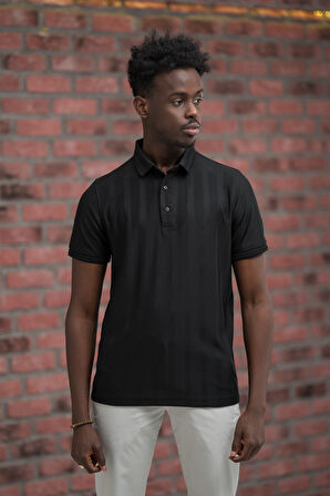 Regular Fit Likralı Kendinden Çizgili Polo Yaka T-Shirt