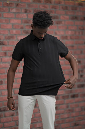Regular Fit Likralı Kendinden Çizgili Polo Yaka T-Shirt