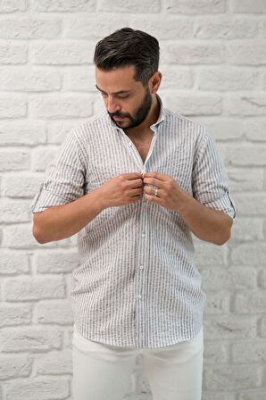 Slimfit Fit Yaka Düğmeli Çizgili Yazlık Gofre Kumaş Erkek Gömlek