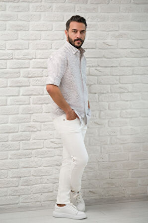 Slimfit Fit Yaka Düğmeli Çizgili Yazlık Gofre Kumaş Erkek Gömlek
