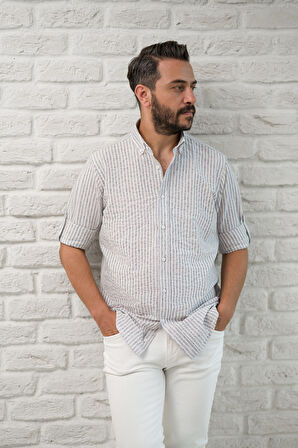 Slimfit Fit Yaka Düğmeli Çizgili Yazlık Gofre Kumaş Erkek Gömlek