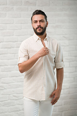 Slimfit Fit Yaka Düğmeli Çizgili Yazlık Gofre Kumaş Erkek Gömlek