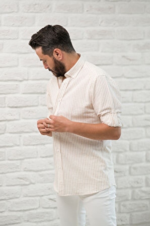 Slimfit Fit Yaka Düğmeli Çizgili Yazlık Gofre Kumaş Erkek Gömlek