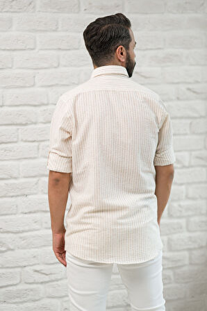 Slimfit Fit Yaka Düğmeli Çizgili Yazlık Gofre Kumaş Erkek Gömlek