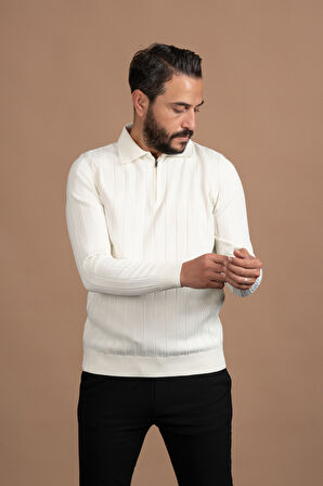 Fermuarlı Polo Yaka Polyamid Kumaş Kendinden Çizgili Likralı Triko Kazak