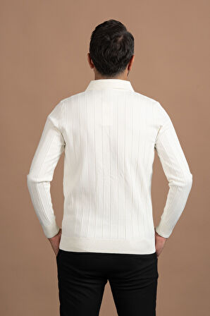 Fermuarlı Polo Yaka Polyamid Kumaş Kendinden Çizgili Likralı Triko Kazak