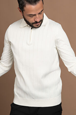 Fermuarlı Polo Yaka Polyamid Kumaş Kendinden Çizgili Likralı Triko Kazak