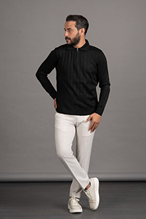 Fermuarlı Polo Yaka Polyamid Kumaş Kendinden Çizgili Likralı Triko Kazak