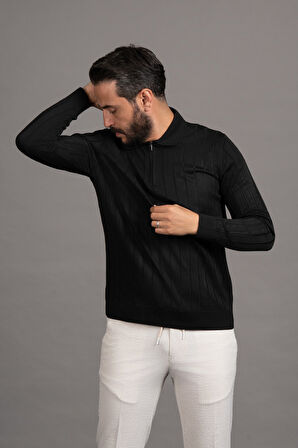 Fermuarlı Polo Yaka Polyamid Kumaş Kendinden Çizgili Likralı Triko Kazak