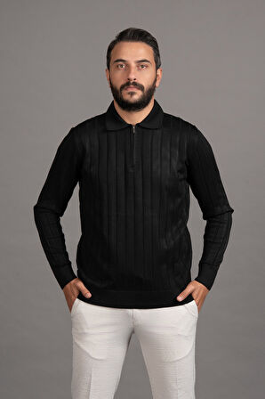 Fermuarlı Polo Yaka Polyamid Kumaş Kendinden Çizgili Likralı Triko Kazak