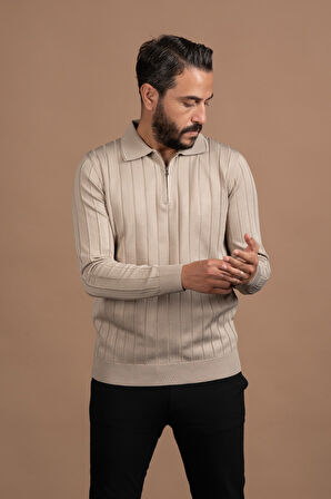 Fermuarlı Polo Yaka Polyamid Kumaş Kendinden Çizgili Likralı Triko Kazak