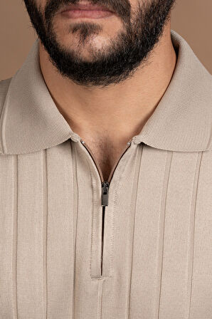 Fermuarlı Polo Yaka Polyamid Kumaş Kendinden Çizgili Likralı Triko Kazak