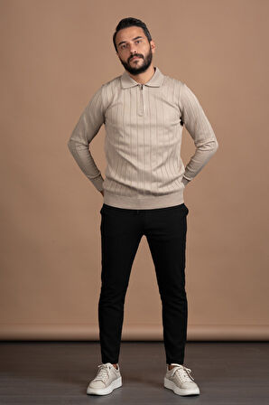 Fermuarlı Polo Yaka Polyamid Kumaş Kendinden Çizgili Likralı Triko Kazak