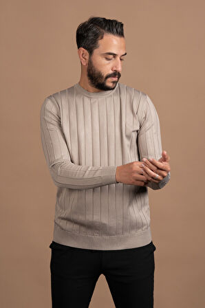 Sıfır Yaka Kendinden Çizgili Likralı Akrilik Mevsimlik Kazak