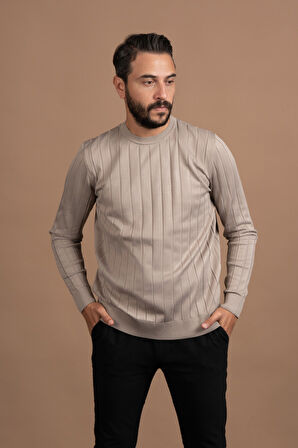 Sıfır Yaka Kendinden Çizgili Likralı Akrilik Mevsimlik Kazak