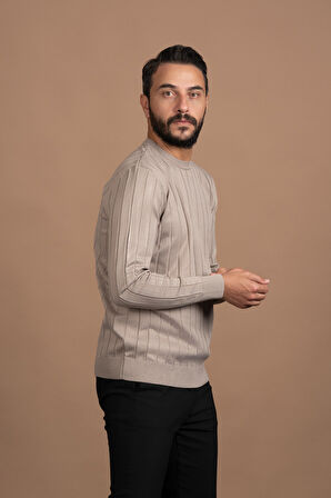 Sıfır Yaka Kendinden Çizgili Likralı Akrilik Mevsimlik Kazak