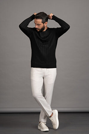 Sıfır Yaka Kendinden Çizgili Likralı Akrilik Mevsimlik Kazak