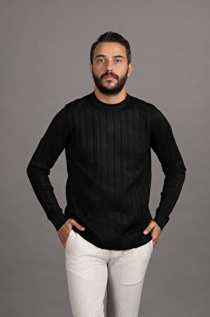 Sıfır Yaka Kendinden Çizgili Likralı Akrilik Mevsimlik Kazak