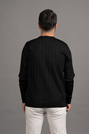 Sıfır Yaka Kendinden Çizgili Likralı Akrilik Mevsimlik Kazak