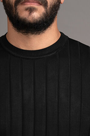 Sıfır Yaka Kendinden Çizgili Likralı Akrilik Mevsimlik Kazak