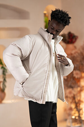 Oversize (Bol Kesim) Dik Yaka Fermuar Kapamalı Şişme Mont