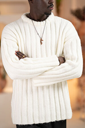 Oversize Kendinden Çizgili Pamuklu Kalın Triko Spor Kazak