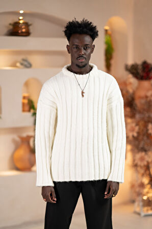 Oversize Kendinden Çizgili Pamuklu Kalın Triko Spor Kazak