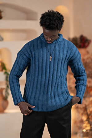 Oversize Kendinden Çizgili Pamuklu Kalın Triko Spor Kazak