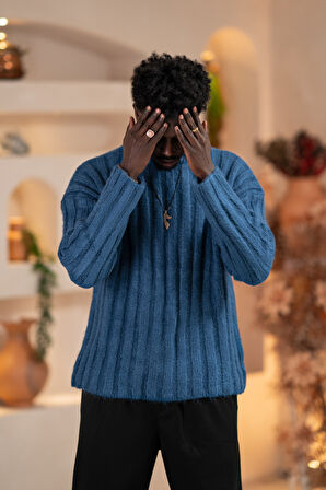 Oversize Kendinden Çizgili Pamuklu Kalın Triko Spor Kazak