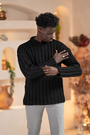 Oversize Kendinden Çizgili Pamuklu Kalın Triko Spor Kazak