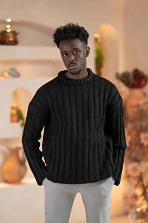 Oversize Kendinden Çizgili Pamuklu Kalın Triko Spor Kazak