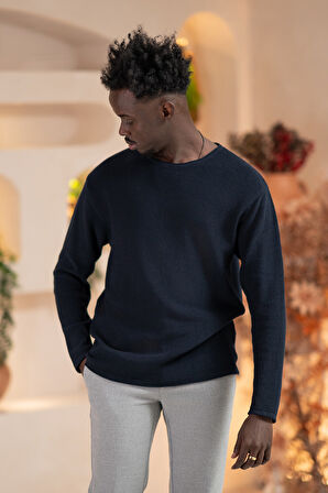 Regular Fit Likralı Kendinden Çizgili Mevsimlik Spor Kazak