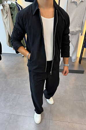 Slimfit Yakalı Astarlı Yan Cep Baggy Pantolonlu Kadife Takım