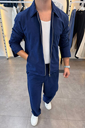 Slimfit Yakalı Astarlı Yan Cep Baggy Pantolonlu Kadife Takım