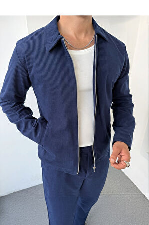 Slimfit Yakalı Astarlı Yan Cep Baggy Pantolonlu Kadife Takım