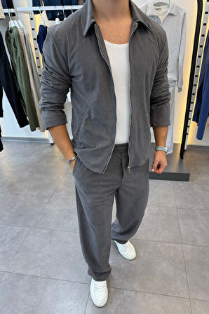 Slimfit Yakalı Astarlı Yan Cep Baggy Pantolonlu Kadife Takım
