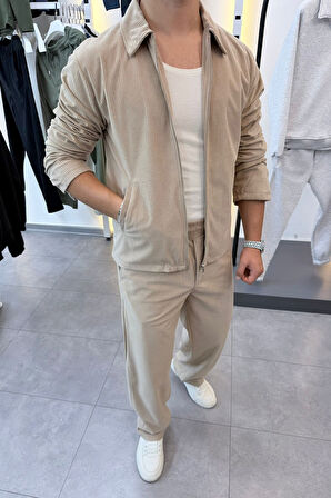 Slimfit Yakalı Astarlı Yan Cep Baggy Pantolonlu Kadife Takım