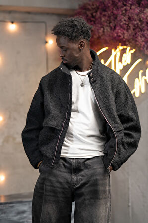 Oversize Crop Model Yan Cepli Astarlı Kırçıllı Mont