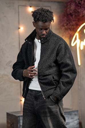 Oversize Crop Model Yan Cepli Astarlı Kırçıllı Mont