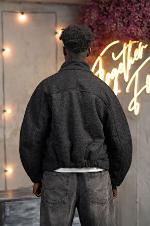 Oversize Crop Model Yan Cepli Astarlı Kırçıllı Mont