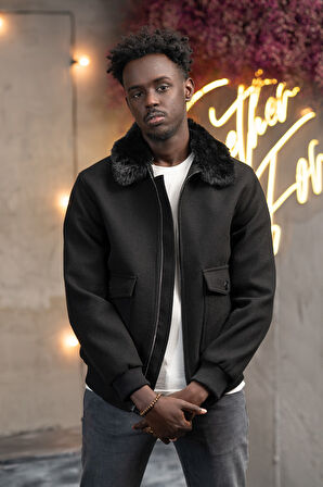 Slimfit Kürklü Sabit Yaka Beli Lastikli Astarlı Kaşe Mont