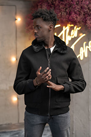 Slimfit Kürklü Sabit Yaka Beli Lastikli Astarlı Kaşe Mont